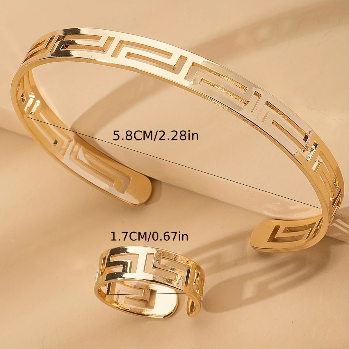 ✨ Greek Pattern Gold Bracelet & Ring Set
