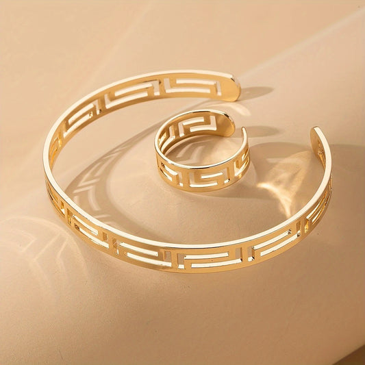 ✨ Greek Pattern Gold Bracelet & Ring Set